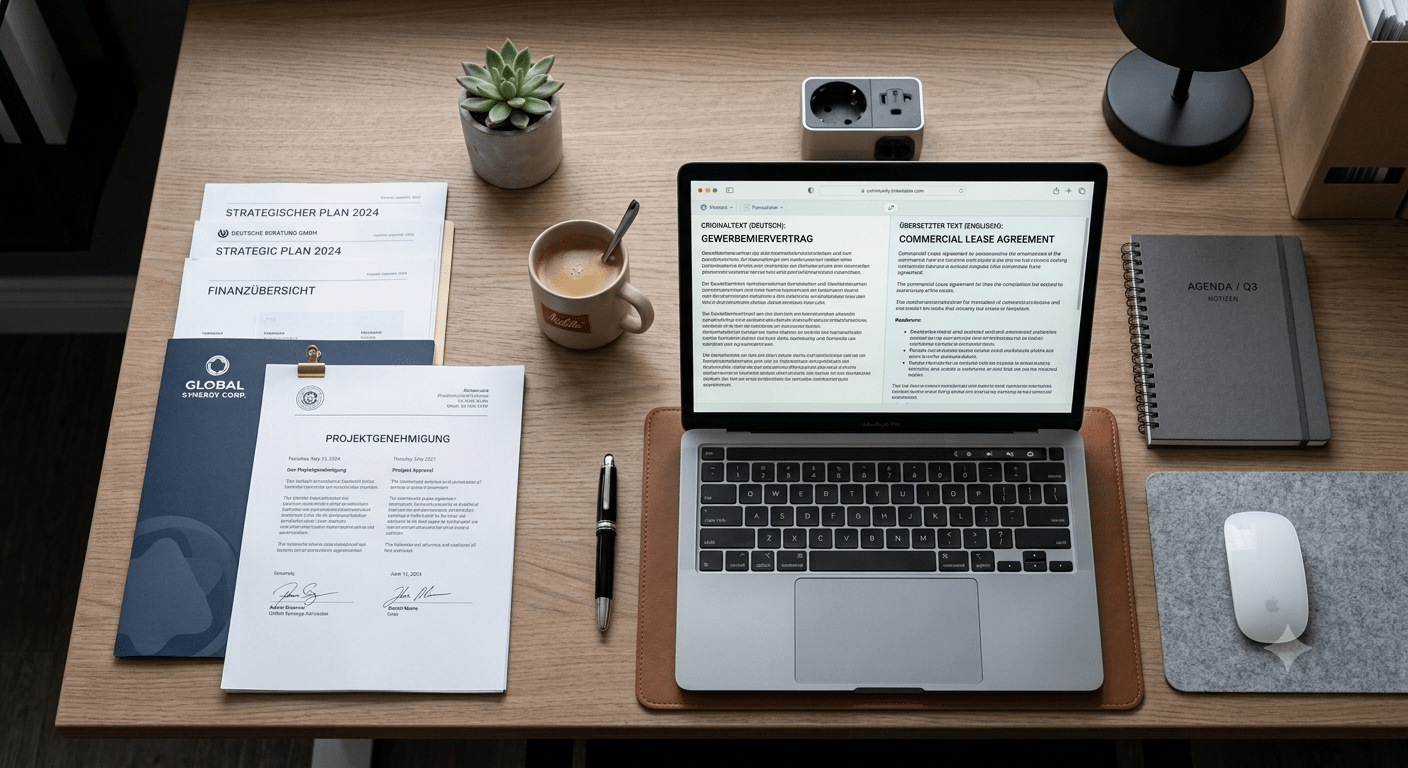 Professional certified German translation services paperwork and laptop setup in India