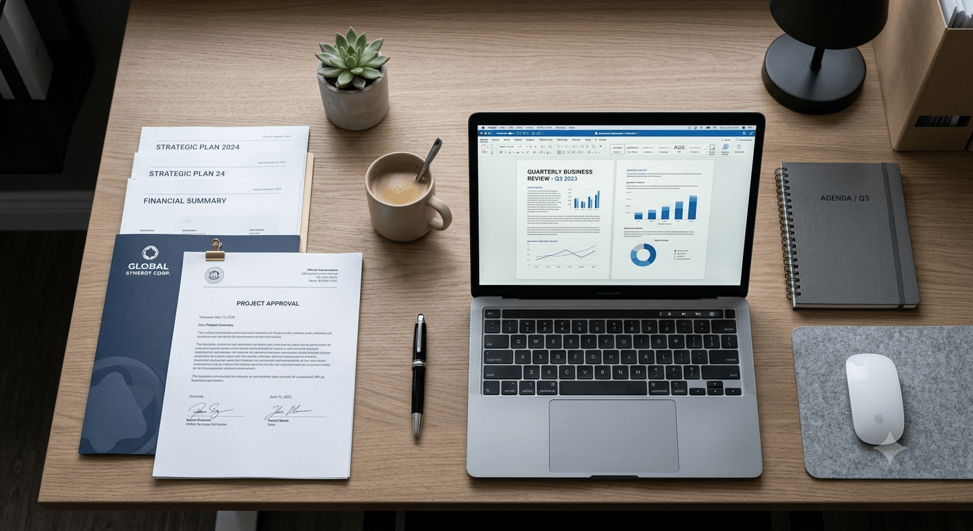 Professional certified document translation services paperwork and laptop setup in India